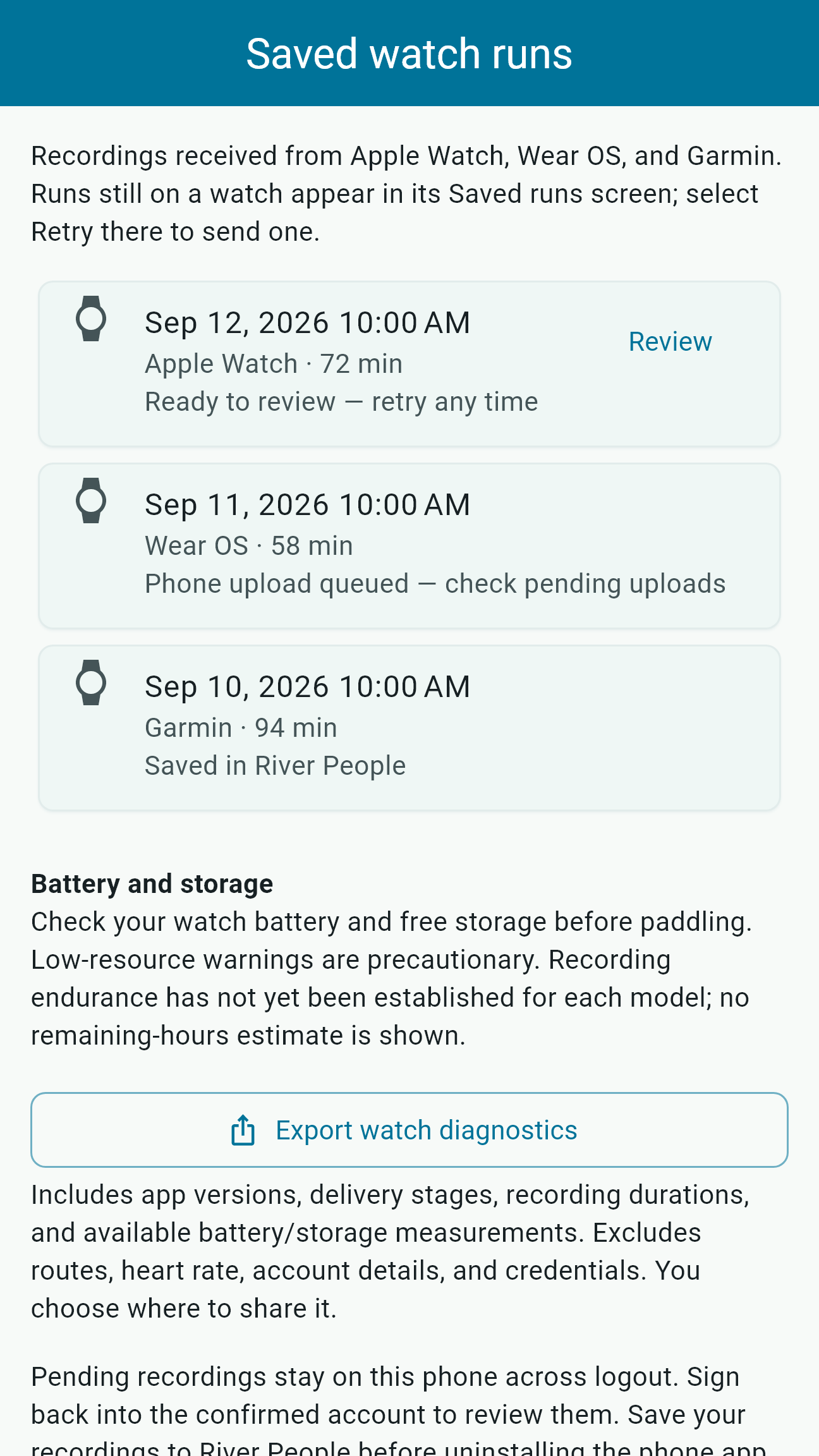 Saved watch runs in River People 2.1 showing review, queued upload, and saved states
