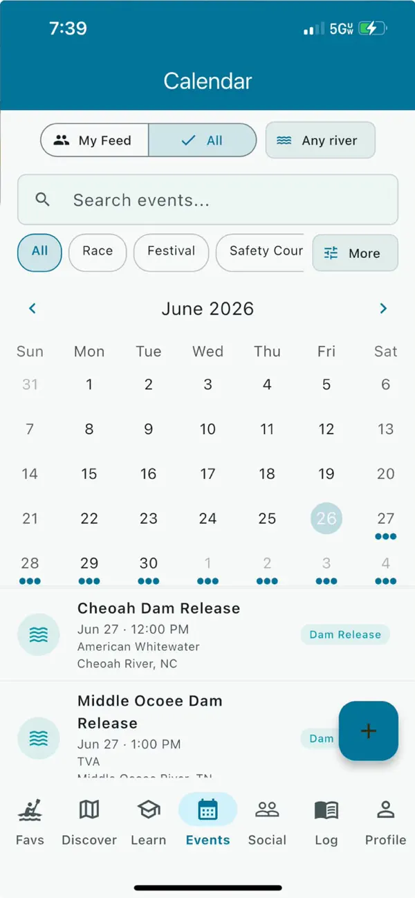 River People events calendar showing dam releases and paddling events