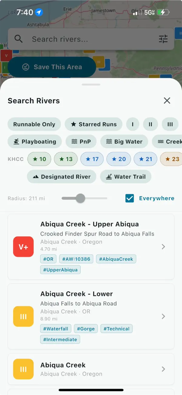 River People Search Rivers screen with runnable, favorite, difficulty, and location filters